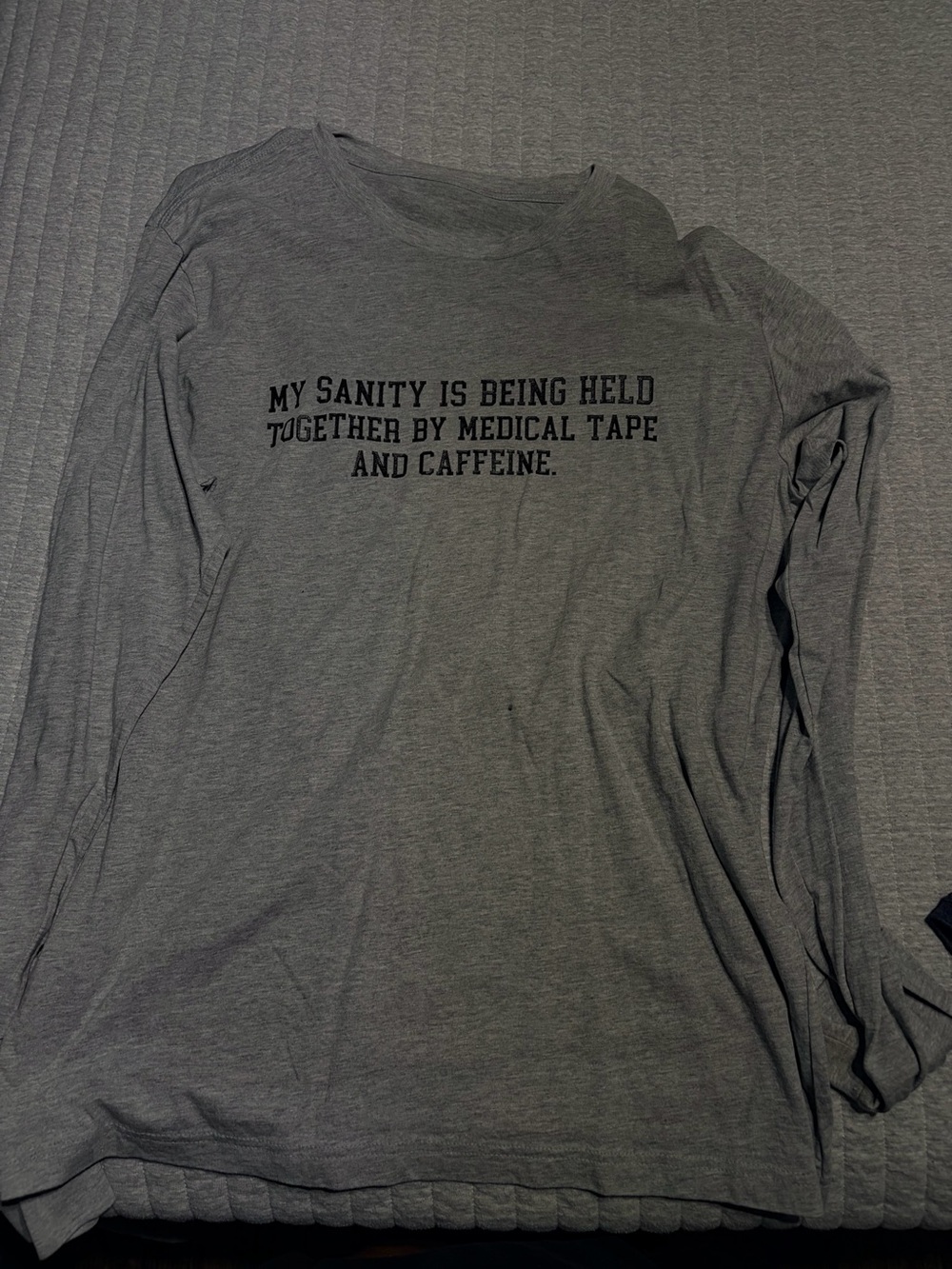 Gray Long-Sleeve Graphic Tee with Medical Tape & Caffeine Quote